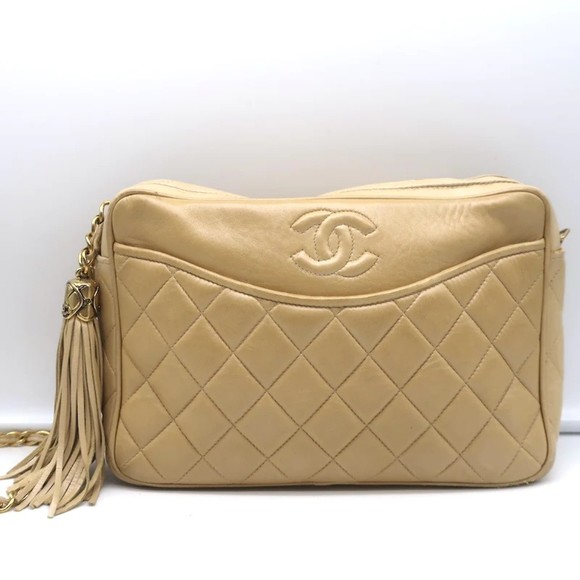 Vintage Chanel Quilted Tassel Camera Bag Beige Leather Chain Strap Shoulder Bag - Picture 2 of 12